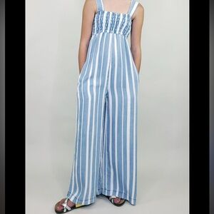 Ultra Wide Leg Smocked Blue White Striped Jumpsuit Size 00/XS Tall NWT